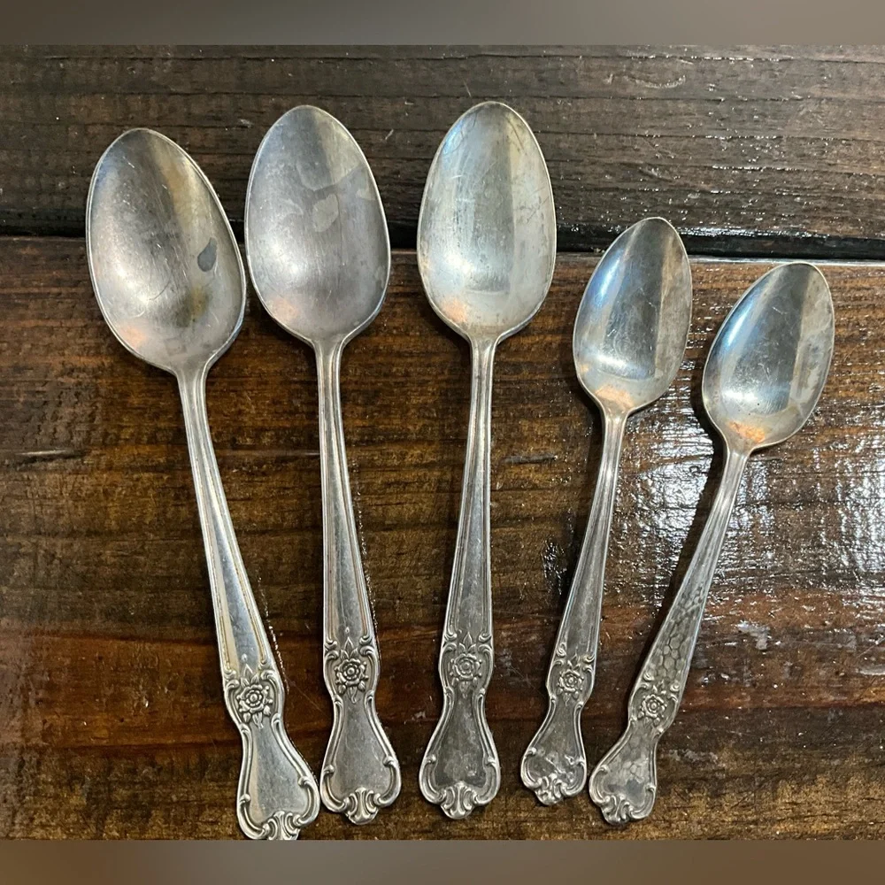 Vintage Lot of 5 Old Company Plate Spoons 3 Tablespoons 2 Teaspoons